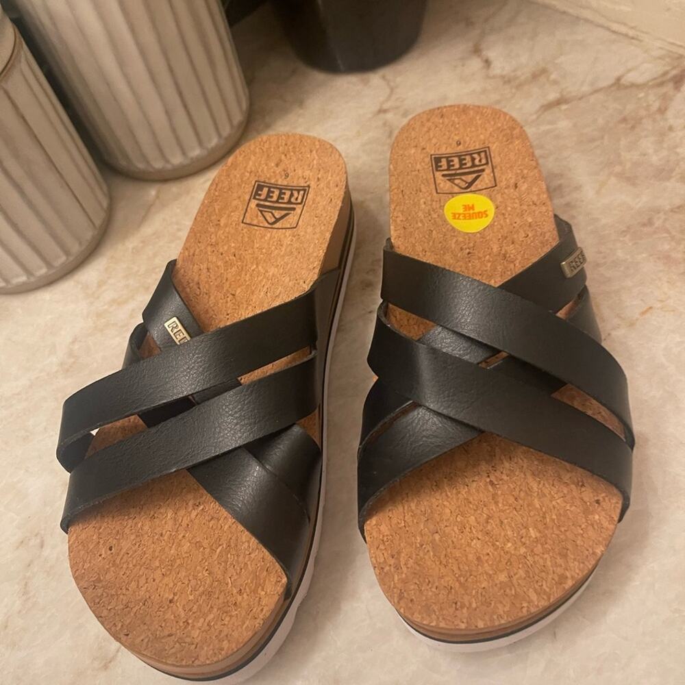 Reef Cushion Bloom Black Cork Slide Sandals Sz 6